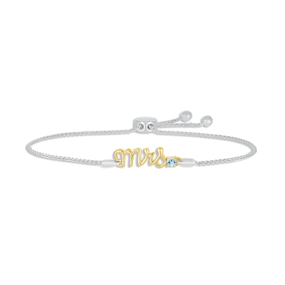 Aquamarine "Mrs." Bolo Bracelet Sterling Silver & 10K Yellow Gold 9.5"