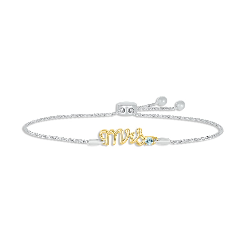 Main Image 1 of Aquamarine &quot;Mrs.&quot; Bolo Bracelet Sterling Silver & 10K Yellow Gold 9.5&quot;