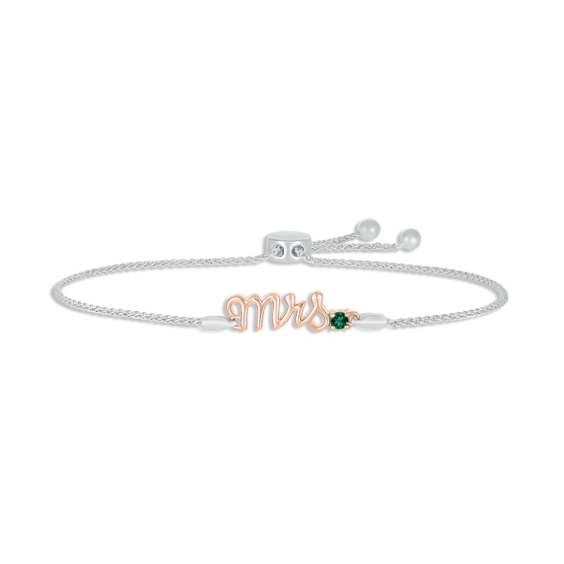 Main Image 1 of Lab-Created Emerald &quot;Mrs.&quot; Bolo Bracelet Sterling Silver & 10K Rose Gold 9.5&quot;