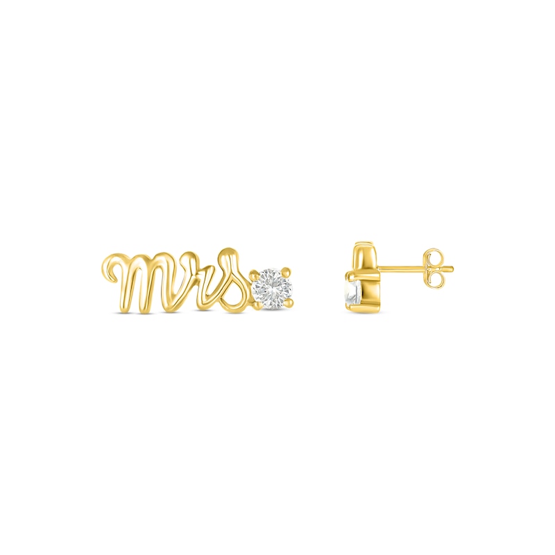 Main Image 3 of White Lab-Created Sapphire &quot;Mrs.&quot; Earrings 10K Yellow Gold