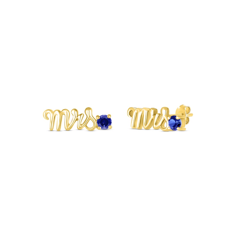 Blue Lab-Created Sapphire "Mrs." Earrings 10K Yellow Gold