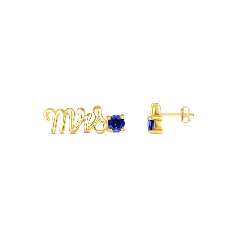 Blue Lab-Created Sapphire "Mrs." Earrings 10K Yellow Gold
