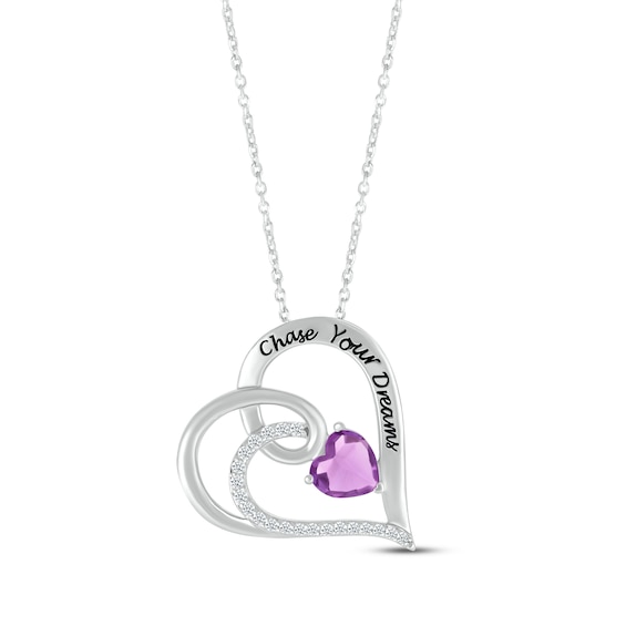 Heart-Shaped Amethyst & Round-Cut White Lab-Created Sapphire Heart Necklace Sterling Silver 18”