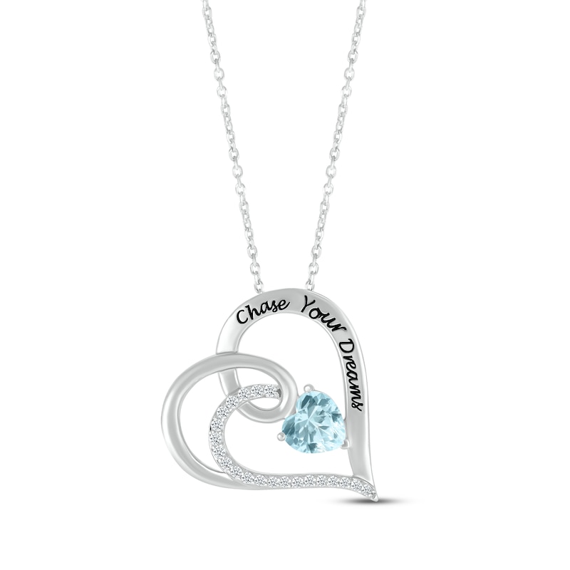 Main Image 1 of Heart-Shaped Aquamarine & Round-Cut White Lab-Created Sapphire Heart Necklace Sterling Silver 18”