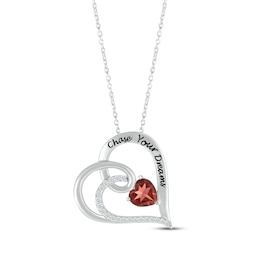 Heart-Shaped Garnet & Round-Cut White Lab-Created Sapphire Heart Necklace Sterling Silver 18”