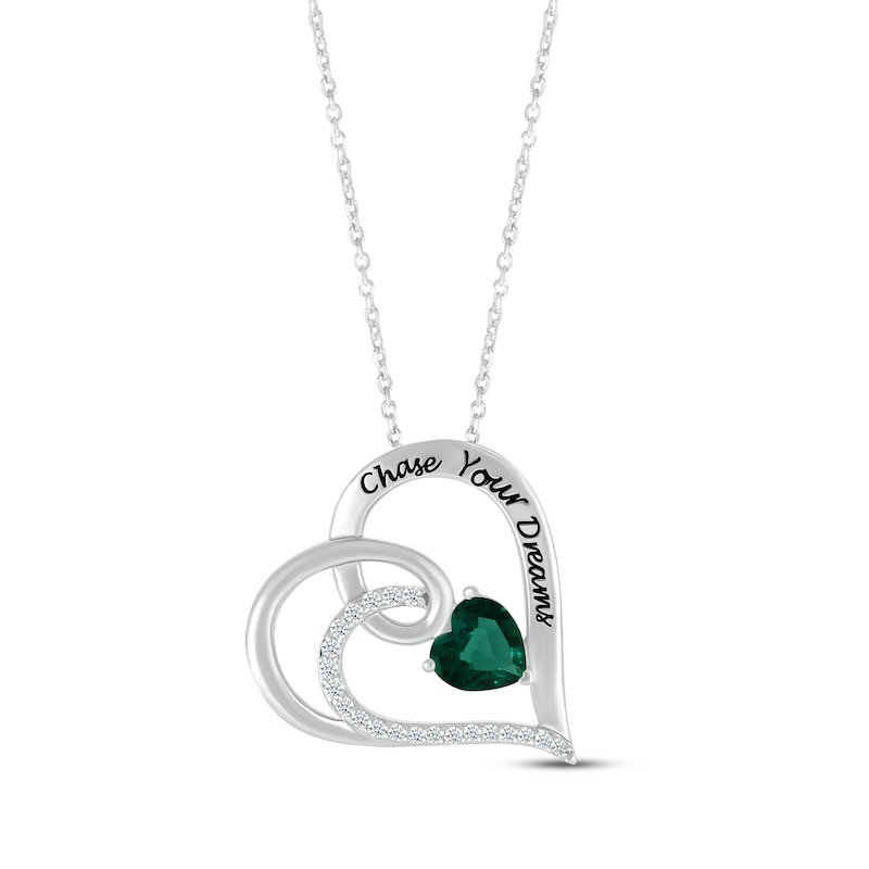 Main Image 1 of Heart-Shaped Lab-Created Emerald & Round-Cut White Lab-Created Sapphire Heart Necklace Sterling Silver 18”