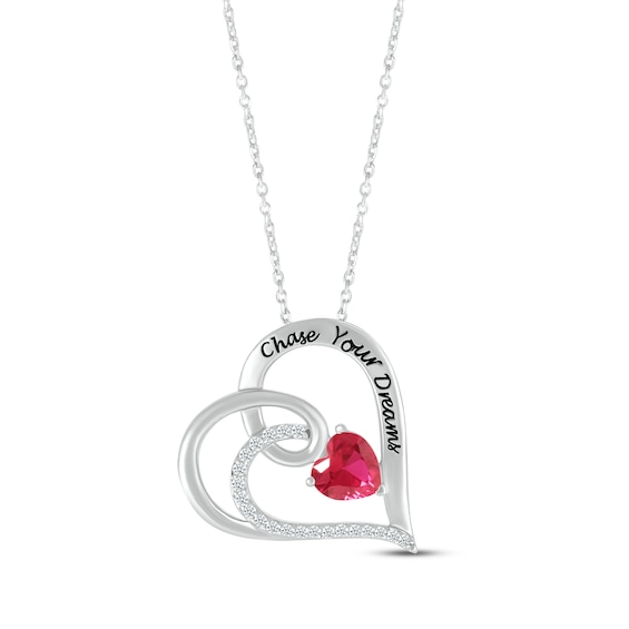 Heart-Shaped Lab-Created Ruby & Round-Cut White Lab-Created Sapphire Heart Necklace Sterling Silver 18”