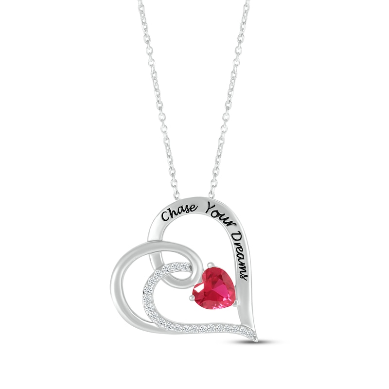 Main Image 1 of Heart-Shaped Lab-Created Ruby & Round-Cut White Lab-Created Sapphire Heart Necklace Sterling Silver 18”