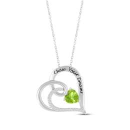 Heart-Shaped Peridot & Round-Cut White Lab-Created Sapphire Heart Necklace Sterling Silver 18”