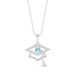 Round-Cut Aquamarine & Round White Lab-Created Sapphire Graduation Cap Necklace Sterling Silver 18”