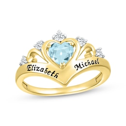 Heart-Shaped Aquamarine & Round-Cut White Lab-Created Sapphire Heart Chevron Ring 10K Yellow Gold