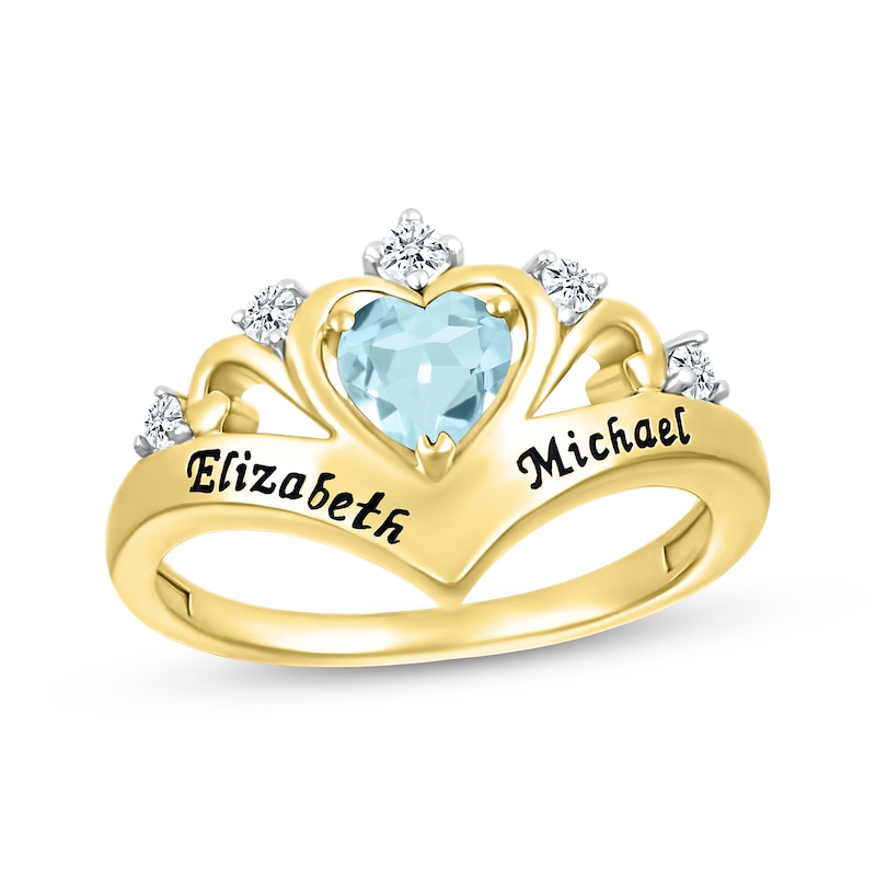 Main Image 1 of Heart-Shaped Aquamarine & Round-Cut White Lab-Created Sapphire Heart Chevron Ring 10K Yellow Gold