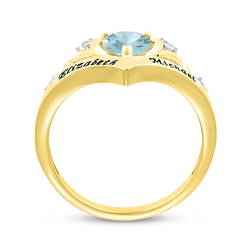 Main Image 2 of Heart-Shaped Aquamarine & Round-Cut White Lab-Created Sapphire Heart Chevron Ring 10K Yellow Gold