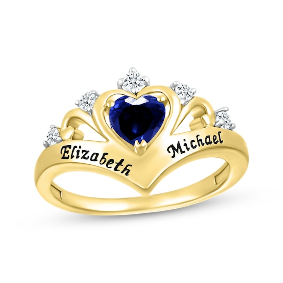 Heart-Shaped Blue Lab-Created Sapphire & Round-Cut White Lab-Created Sapphire Heart Chevron Ring 10K Yellow Gold