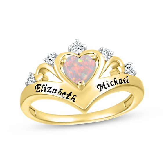 Heart-Shaped Lab-Created Opal & Round-Cut White Lab-Created Sapphire Heart Chevron Ring 10K Yellow Gold