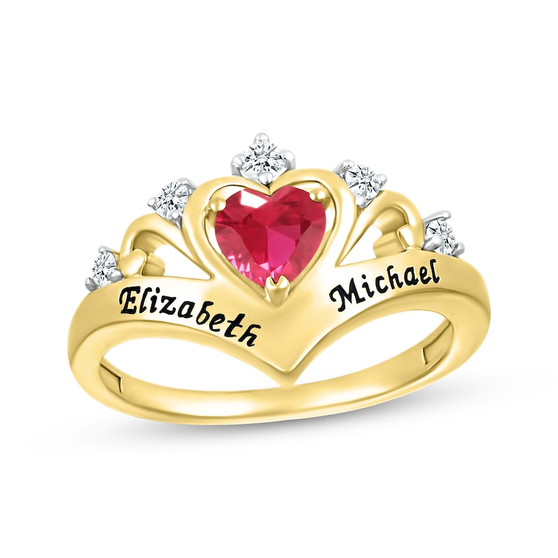 Main Image 1 of Heart-Shaped Lab-Created Ruby & Round-Cut White Lab-Created Sapphire Heart Chevron Ring 10K Yellow Gold