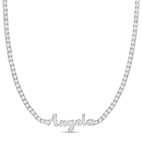 White Lab-Created Sapphire Nameplate Tennis Necklace (1 Name)