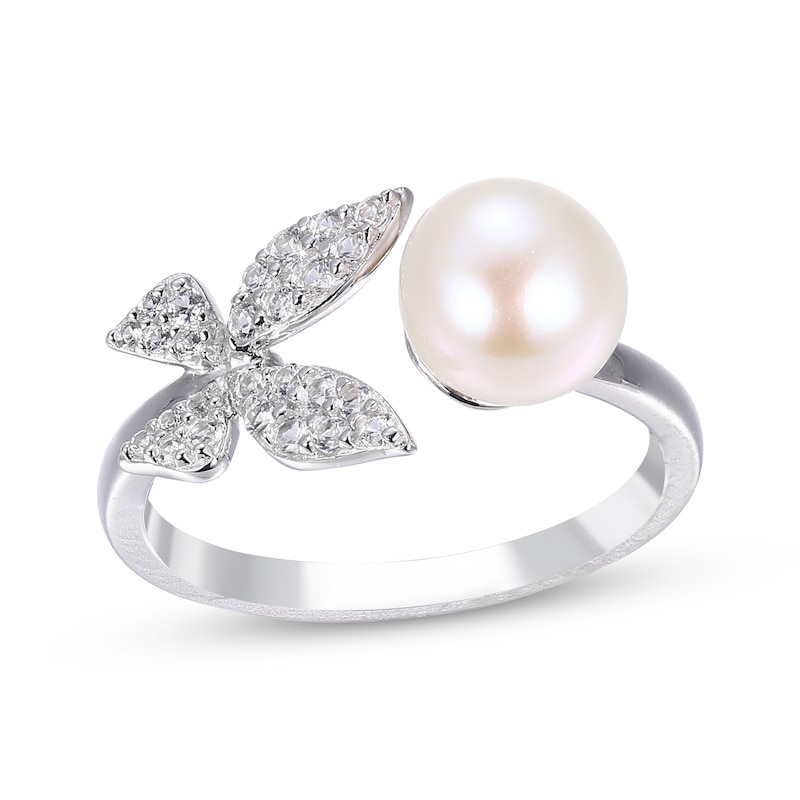 Cultured Pearl & Round-Cut White Lab-Created Sapphire Butterfly Deconstructed Ring Sterling Silver
