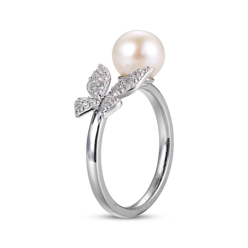 Main Image 2 of Cultured Pearl & Round-Cut White Lab-Created Sapphire Butterfly Deconstructed Ring Sterling Silver