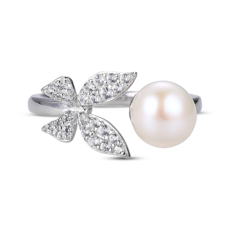 Cultured Pearl & Round-Cut White Lab-Created Sapphire Butterfly Deconstructed Ring Sterling Silver