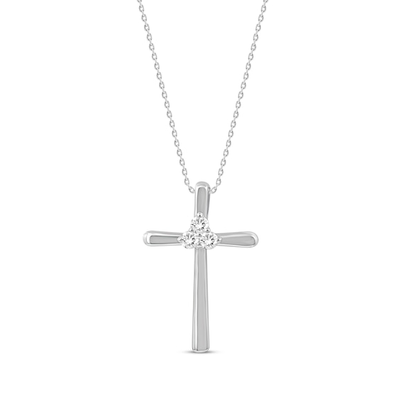 Diamond Three-Stone Sculpted Cross Necklace 1/10 ct tw 10K White Gold 18"