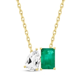 Toi et Moi Pear-Shaped White Topaz & Emerald-Cut Emerald Necklace 10K Yellow Gold 18&quot;