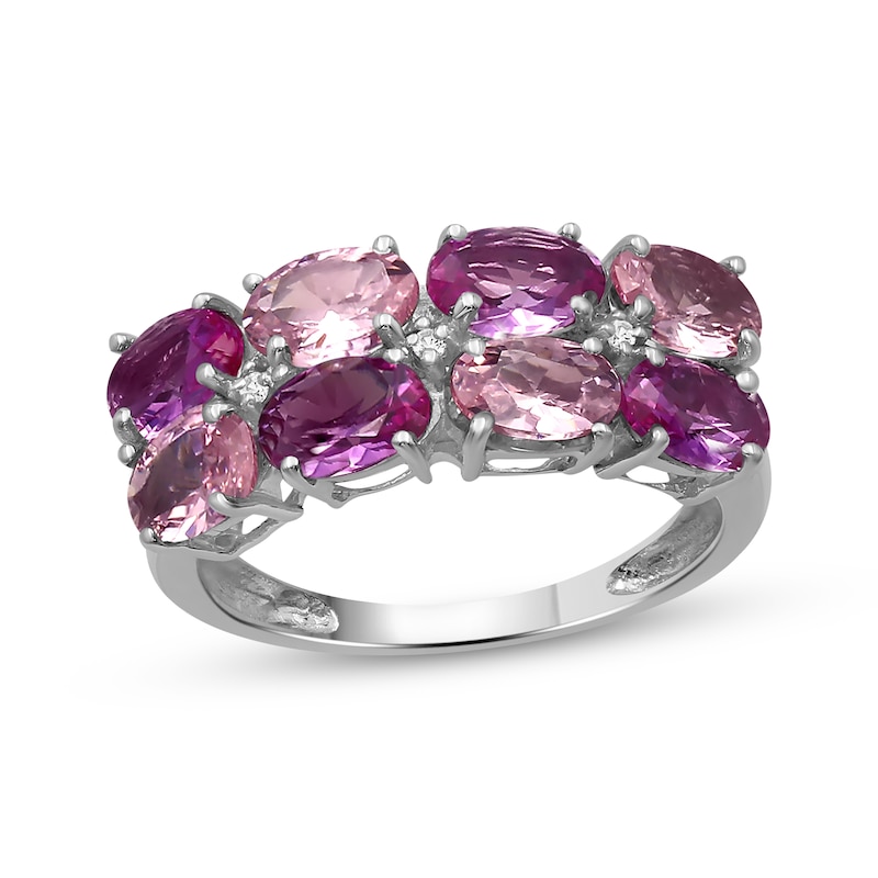 Main Image 1 of Oval-Cut Pink Lab-Created Sapphire & White Lab-Created Sapphire Two-Row Ring Sterling Silver