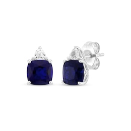 Cushion-Cut Blue Lab-Created Sapphire & White Lab-Created Sapphire Stud Earrings Sterling Silver