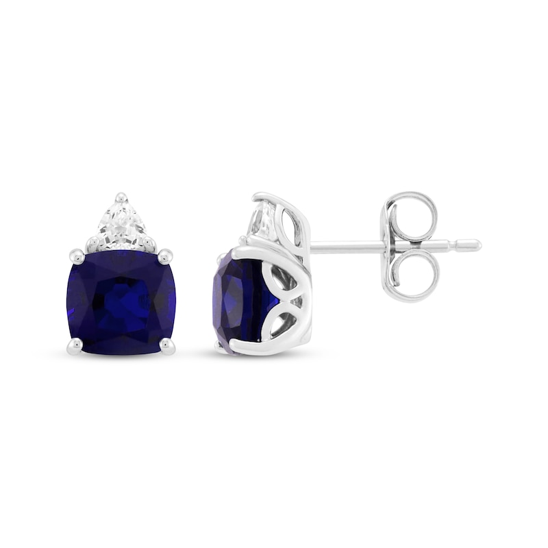 Main Image 3 of Cushion-Cut Blue Lab-Created Sapphire & White Lab-Created Sapphire Stud Earrings Sterling Silver