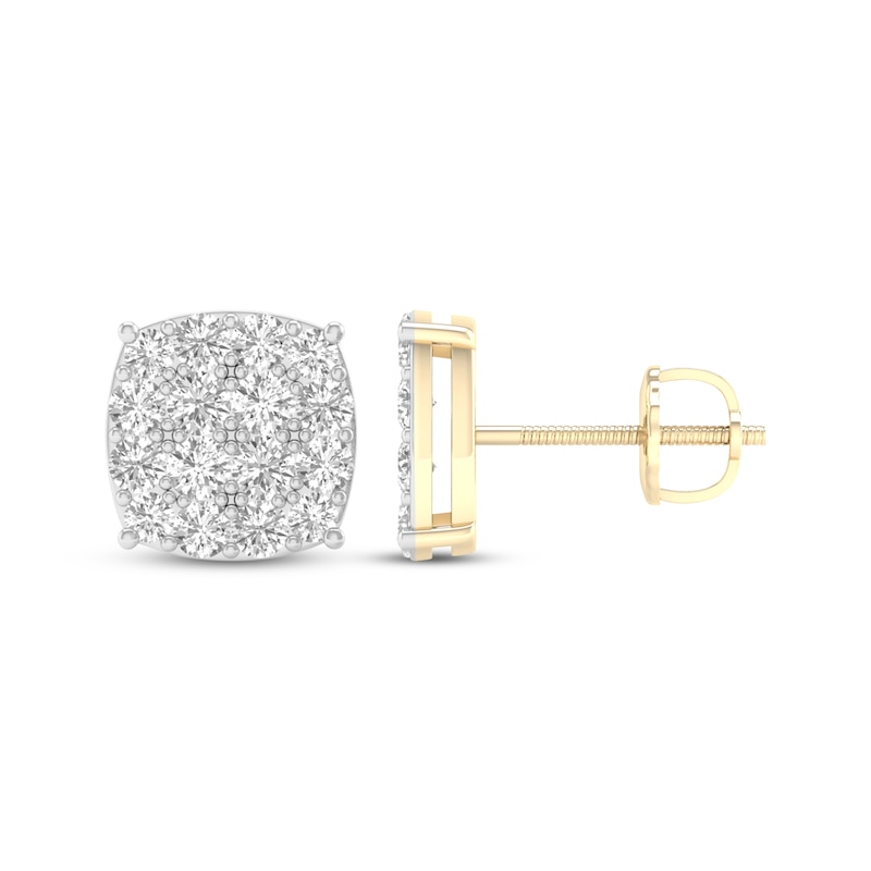 Main Image 3 of Men's Multi-Diamond Cushion-Shaped Stud Earrings 1 ct tw 10K Yellow Gold