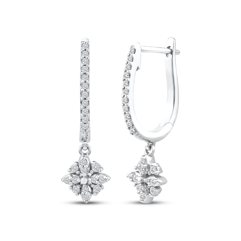 Main Image 1 of Diamond Flower Dangle Hoop Earrings 1/6 ct tw 10K White Gold