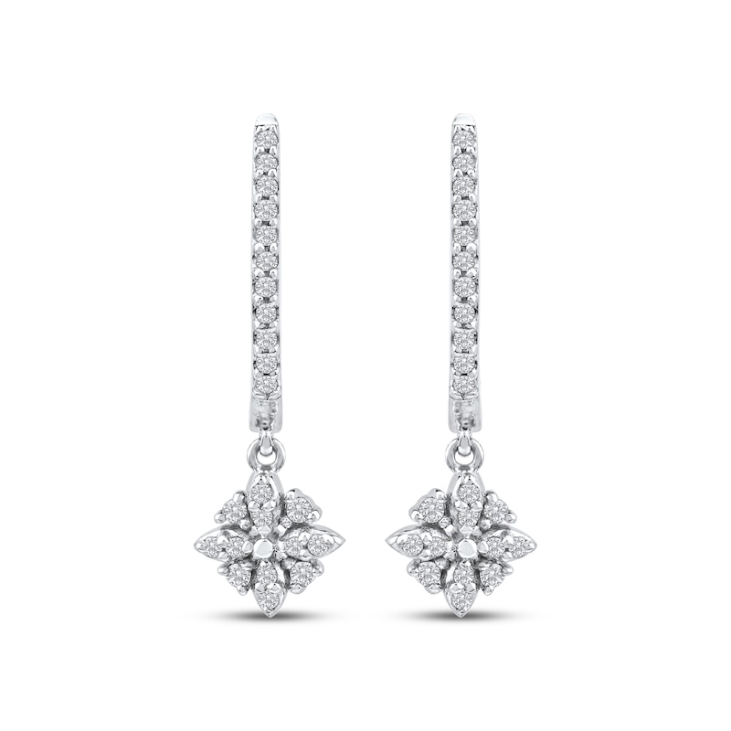 Main Image 2 of Diamond Flower Dangle Hoop Earrings 1/6 ct tw 10K White Gold