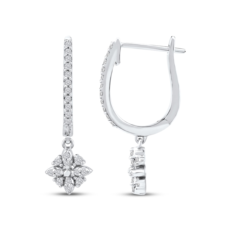 Main Image 3 of Diamond Flower Dangle Hoop Earrings 1/6 ct tw 10K White Gold