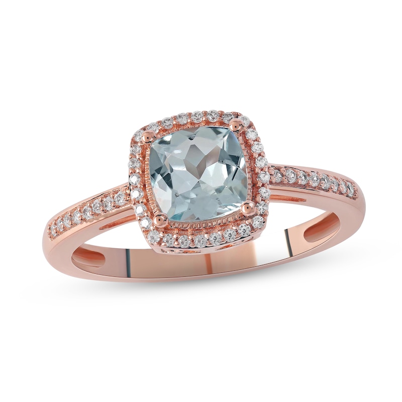 Main Image 1 of Aquamarine & Diamond Ring 1/10 ct tw Cushion/Round-cut 10K Rose Gold