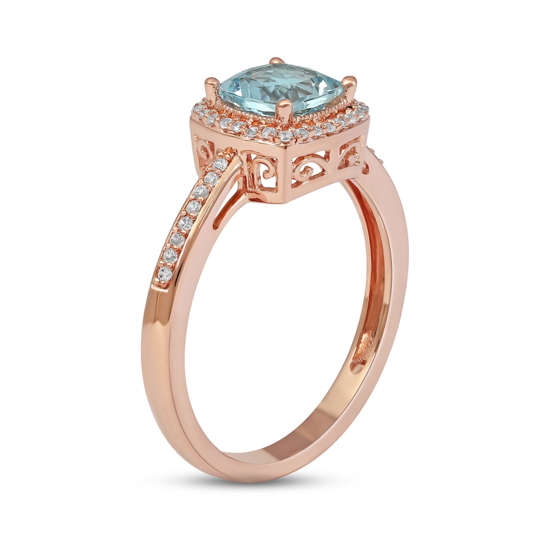 Main Image 2 of Aquamarine & Diamond Ring 1/10 ct tw Cushion/Round-cut 10K Rose Gold