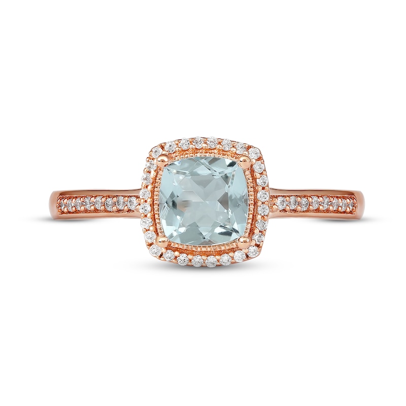 Main Image 3 of Aquamarine & Diamond Ring 1/10 ct tw Cushion/Round-cut 10K Rose Gold