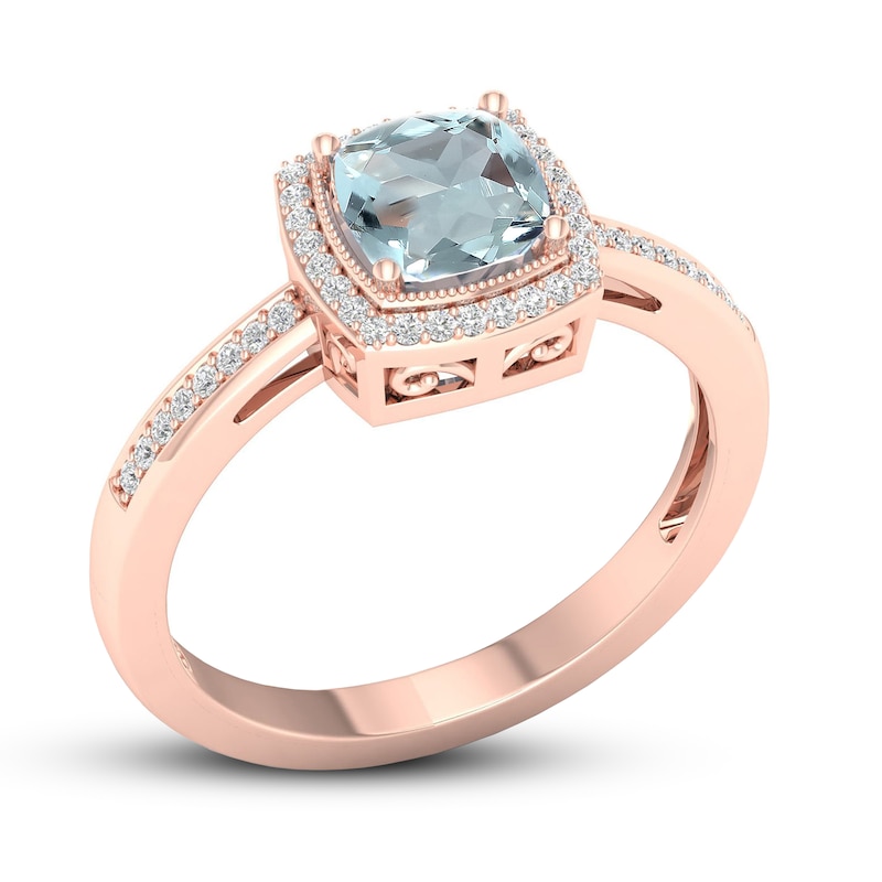 Main Image 4 of Aquamarine & Diamond Ring 1/10 ct tw Cushion/Round-cut 10K Rose Gold