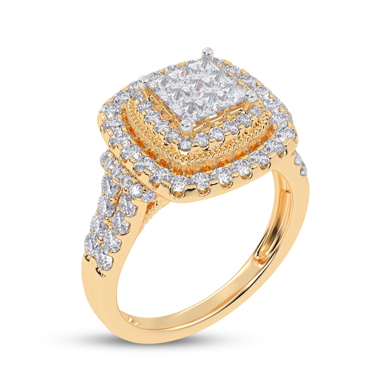 Main Image 2 of Princess-Cut Multi-Diamond Double Halo Engagement Ring 1 ct tw 10K Yellow Gold