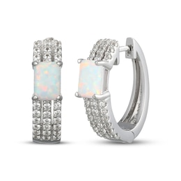 Emerald-Cut Lab-Created Opal & White Lab-Created Sapphire Huggie Hoop Earrings Sterling Silver