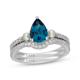 Neil Lane Pear-Shaped London Blue Topaz, Diamond & Akoya Cultured Pearl Bridal Set 1/3 ct tw 14K White Gold