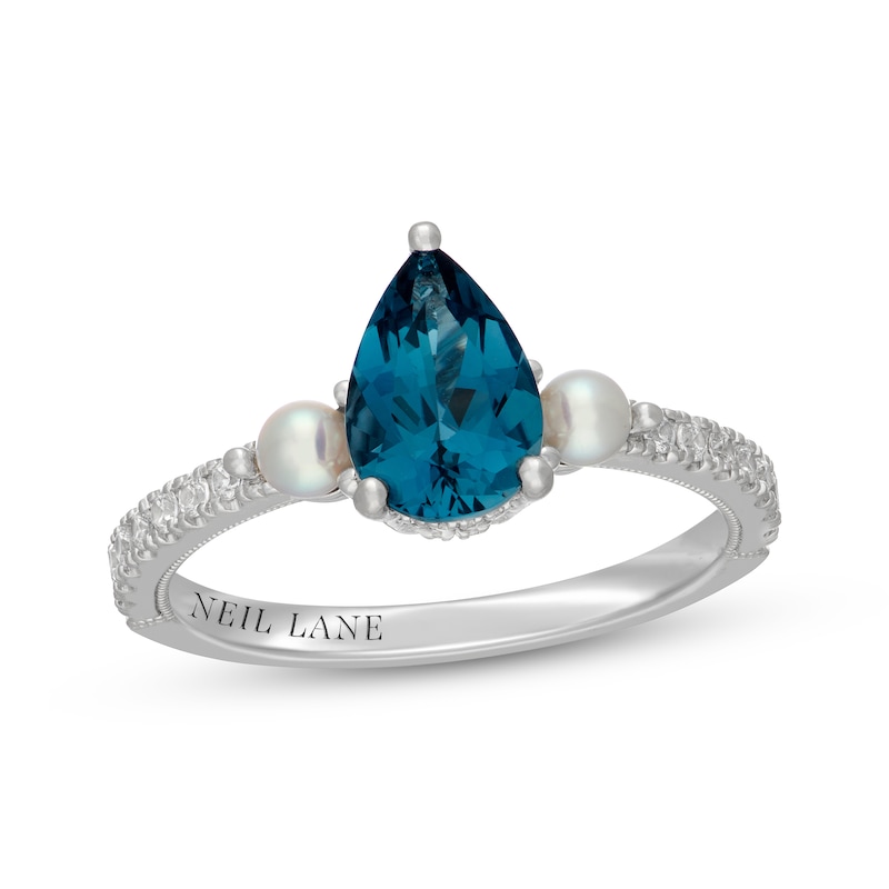 Main Image 1 of Neil Lane Pear-Shaped London Blue Topaz, Diamond & Cultured Akoya Pearl Engagement Ring 1/5 ct tw 14K White Gold