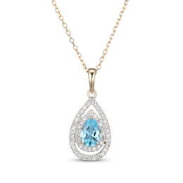 Pear-Shaped Swiss Blue Topaz & Diamond Double Halo Necklace 1/4 ct tw 10K Yellow Gold 18&quot;