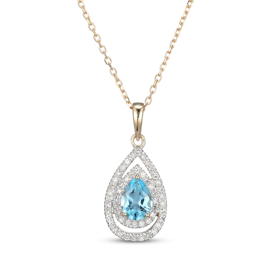 Pear-Shaped Swiss Blue Topaz & Diamond Double Halo Necklace 1/4 ct tw 10K Yellow Gold 18"