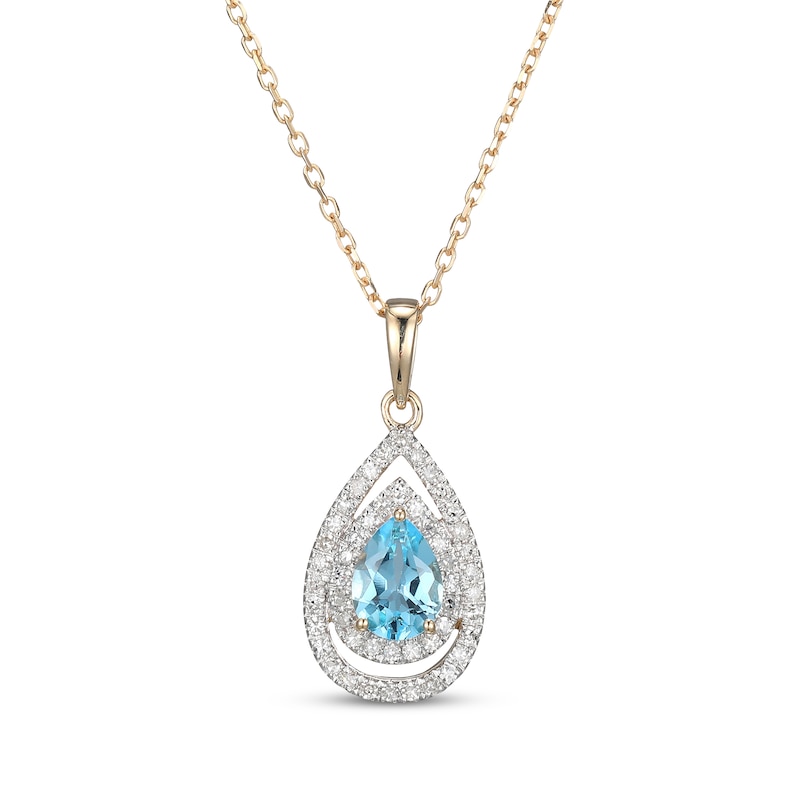 Main Image 1 of Pear-Shaped Swiss Blue Topaz & Diamond Double Halo Necklace 1/4 ct tw 10K Yellow Gold 18&quot;