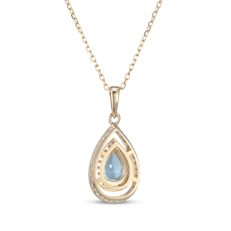 Main Image 3 of Pear-Shaped Swiss Blue Topaz & Diamond Double Halo Necklace 1/4 ct tw 10K Yellow Gold 18&quot;