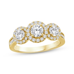 Memories Moments Magic Round-Cut Diamond Three-Stone Halo Engagement Ring 1-1/2 ct tw 14K Yellow Gold