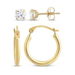 Cubic Zirconia Solitaire Stud & Polished Hoop Earrings Set 14K Yellow Gold