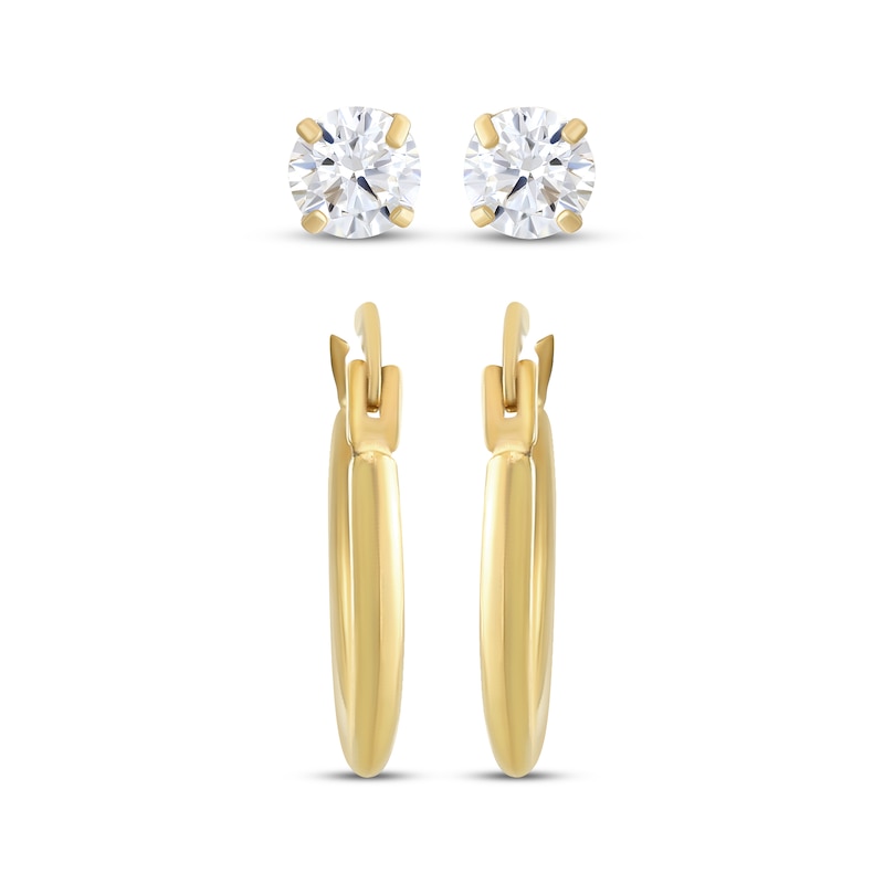 Cubic Zirconia Solitaire Stud & Polished Hoop Earrings Set 14K Yellow Gold