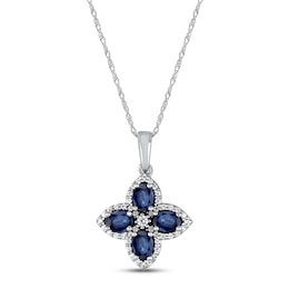 Blue Sapphire Flower Necklace 1/6 ct tw Diamonds 10K White Gold 18&quot;