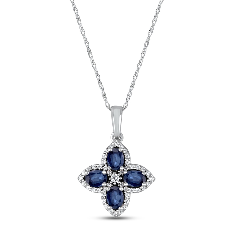 Main Image 1 of Blue Sapphire Flower Necklace 1/6 ct tw Diamonds 10K White Gold 18&quot;